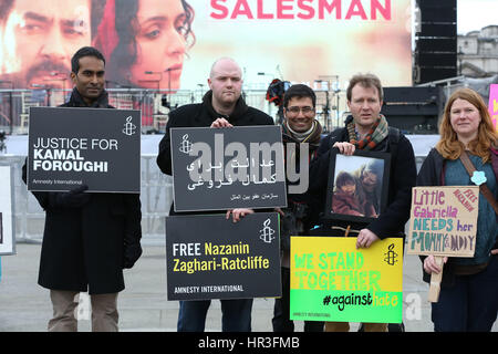 Trafalgar Square, London, UK. 26th February 2017. Photo-call by Amnesty International with activists holding placards before the screening of The Salesman in Trafalgar Square for the release of Nazanin Zaghari-Ratcliffe and Kamal Foroughi. Credit: Dinendra Haria/Alamy Live News Stock Photo