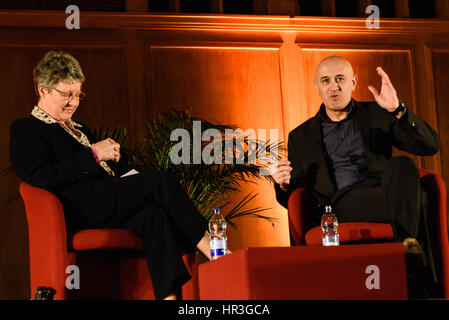 Belfast, Northern Ireland. 26 Feb 2017 - Professor Jim Al-Khalili interviews Dame Jocelyn Bell Burnett at the Northern Ireland Science Festival. Stock Photo