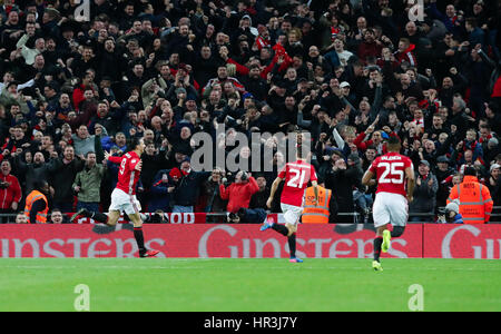 London, UK. 26th Feb, 2017. Manchester United's Zlatan Ibrahimovic (1st L) celebrates after scoring the winning goal during the EFL Cup Final between Manchester United and Southampton at Wembley Stadium in London, Britain on Feb. 26, 2017. Credit: Han Yan/Xinhua/Alamy Live News Stock Photo
