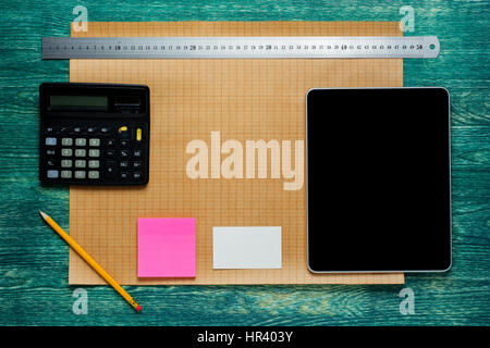 Engineering tools view from top.Architect rolls and plans.architectural plan,technical project drawing. Stock Photo