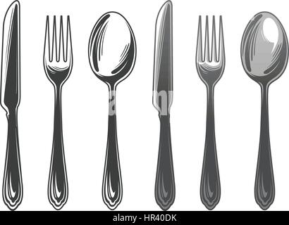 Cutlery set spoon, fork and knife. Tableware, top view. Vector illustration Stock Vector