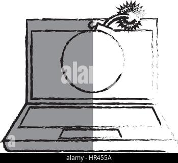 monochrome blurred contour of laptop computer with virus bomb on screen Stock Vector