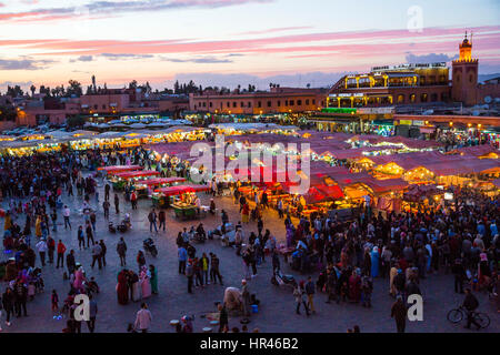 Marrakesh, Morocco. Food Stalls and People in the Place Jemaa El-Fna. Stock Photo