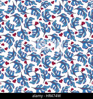 Vector seamless pattern with hand painted fantasy leaves and hearts. Blue red white background Stock Vector