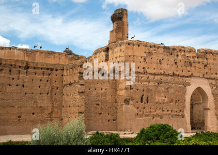 Marrakesh, Morocco.  El Badi Palace, 16th. Century.  Storks Nest Atop the Wall. Stock Photo
