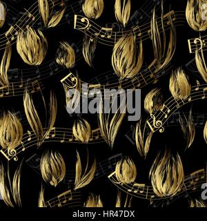 Bright seamless pattern with oil painted gold tulip flowers end golden notes on black background. Floral pattern for wedding invitations, greeting car Stock Vector