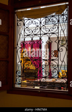 Marrakesh, Morocco.  View through Window, Riad Zeitoun El-Kedim. Stock Photo