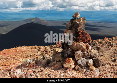 Cairn on top of North Breakthrough Great Tolbachik Fissure Eruption 1975 Stock Photo