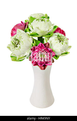Bouquet of Pink Lotus in white vase isolated on white background, Saved clipping path. Stock Photo