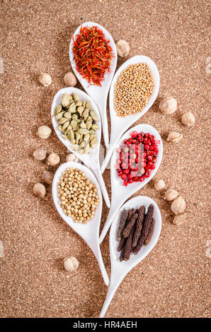 Various spices selection on wooden background. Stock Photo