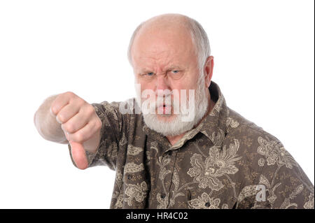 Senior man shows thumbs down gesture, isolated on white Stock Photo