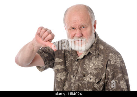 Senior man shows thumbs down gesture, isolated on white Stock Photo