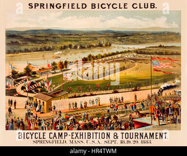 “Springfield Bicycle Club” colour lithograph showing the Bicycle Camp-Exhibition & Tournament held over 3 days in Hampden Park, Springfield, Massachusetts 18-20 September 1883. This was the largest  bicycle meet ever held at the time and made the club a handsome profit. Stock Photo