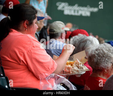 Overweight woman eating food at a baseball game Stock Photo