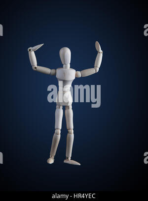 Wooden figurine flexing muscles in bodybuilder pose on dark background Stock Photo