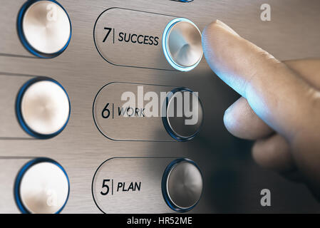 Man pushing an elevator button where it is written he word success. Successful career evolution concept. Composite image between a hand photography an Stock Photo