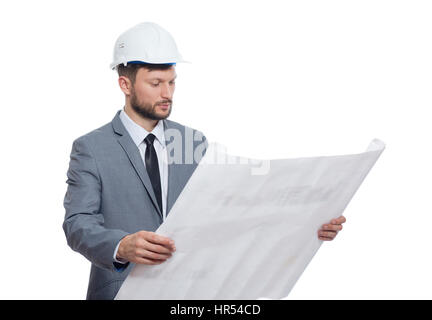 Checking blueprints. Monochrome studio shot of a mature man wearing hardhat holding a blueprint isolated on white copyspace trust working architectura Stock Photo