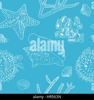 Marine background Seamless pattern. White silhouettes on blue. seashells, corals and starfish, corals, puffer fish. sketch style. for greetings, invit Stock Vector