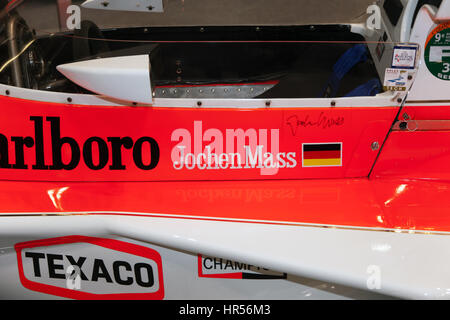 Close-up of the Cockpit of a McLaren M23 Formula One Car driven by Jochen Mass, on display in the Historic Morotsport International 2017 Stock Photo