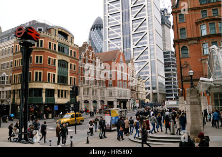 Contrasting architecture as seen from outside Liverpool street station in London, UK, with the Heron Tower and the Gherkin in the background in 2017 Stock Photo