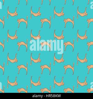 Seamless pattern with doodle cute cats on blue background. Vector illustration for design Stock Vector