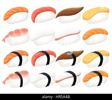 Sushi roll collection Colorful sushi set of different types chopsticks and bowls. Stock Vector