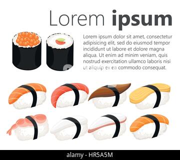 Sushi roll collection Colorful sushi set of different types chopsticks and bowls. Stock Vector