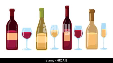 Different Kinds of Wine Bottles Without Labels Flat design illustration of wine bottles and glasses with various types of wine. Stock Vector