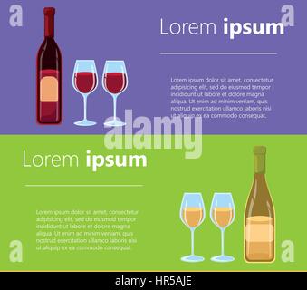 Different Kinds of Wine Bottles Without Labels Flat design illustration of wine bottles and glasses with various types of wine. Stock Vector