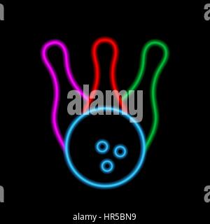 Bowling ball and skittles neon lights. Vector illustration . Stock Vector
