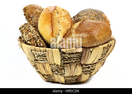 fresh bread rolls in basket isolated on white background Stock Photo