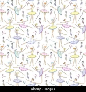 Seamless pattern with dancing ballerinas on a floral background. Vector Stock Vector