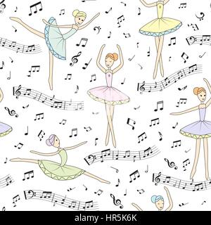 Seamless pattern with dancing ballerinas on a floral background. Vector Stock Vector