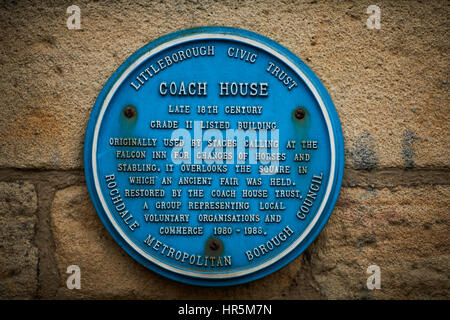 Blue Plaque  entrance to Littleborough Coach house Lodge Street Littleborough, Rochdale, Lancashire, England, UK. Stock Photo