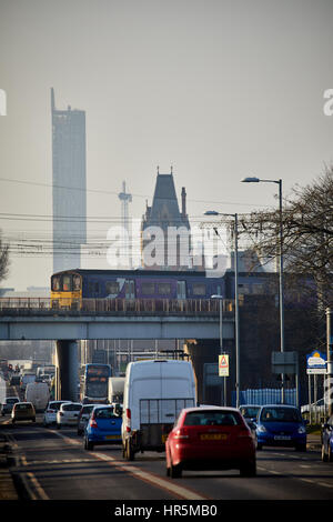 Hyde Road in Gorton a Northern Class 150 local DMU stopping train from Manchester, England,UK Stock Photo