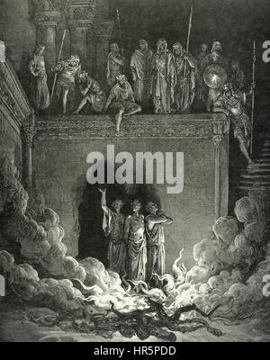 Hananiah, Mishael, and Azariah, renamed as Shadrach, Meshach and Abednego, the three Jewish men thrown into a fiery furnace by Nebuchadnezzar II (634-565 B.C.), king of Babylon (605-562 B.C.), when they refused to bow down to the king's image, the idol made of gold, according to chapter 3 of the book of Daniel. As the king thinks, they are protected by 'The son of God' and preserved from harm. Drawing of Gustave Dore. Engraving by H. Pisan. Stock Photo