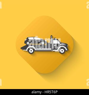 Tow truck icon. Wrecker sign. Round the clock evacuation of cars. Design can be used as a poster, advertising, singboard. Flat design Stock Vector