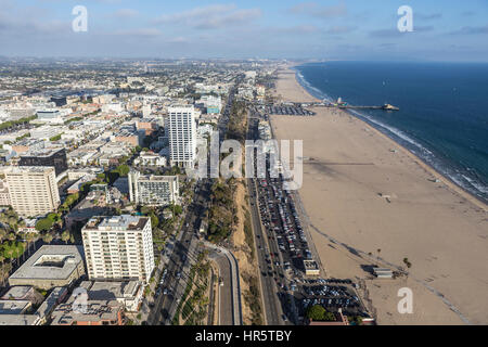 Santa Monica, California, USA - August 6, 2016:  Aerial view of Pacific Coast Highway and Santa Monica beach near Los Angeles. Stock Photo