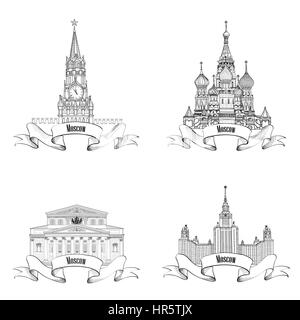 Moscow City Label set. Bolshoy theatre, Spasskaya tower, Moscow State University, Saint Baisil Cathedral. Travel icon vector collection. Stock Vector
