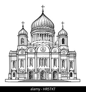 Cathedral of Christ the Savior in Moscow, Russia. Travel city label. Vector illustration. Stock Vector