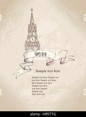 Moscow City Symbol over old fashioned paper background. Spasskaya tower, Kremlin, Moscow, Russia. Travel icon vector hand drawn sketch illustration. Stock Vector