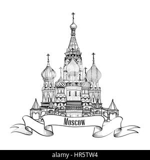 Moscow City Symbol. St Basil's Cathedral, Red Square, Kremlin, Moscow, Russia. Travel icon vector hand drawn sketch illustration. Stock Vector
