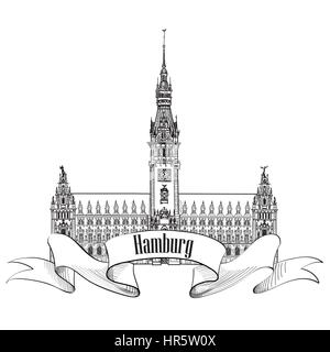 Hamburg landmark town hall. Germany, Europe. Hand drawn vector sketch german city symbol. Stock Vector