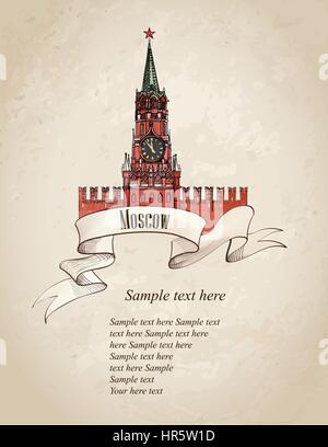 Moscow city symbol. Spasskaya tower, Red Square, Kremlin, Moscow, Russia. Travel Moscow old-fashioned background. Stock Vector