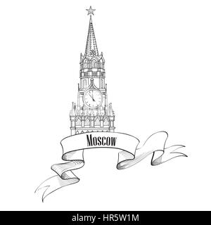 Moscow city symbol. Spasskaya tower, Red Square, Kremlin, Moscow, Russia. Travel icon sketch vector illustration. Stock Vector