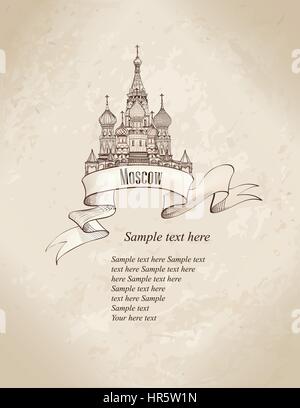 St Basil's Cathedral, Red Square, Moscow, Russia. Hand drawn old-fashioned travel background. Stock Vector