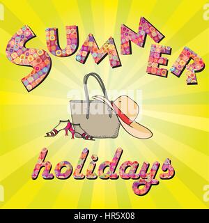 Hello summer background. Summer holidays cover with sun and ray beams. Hello summer greeting card. Stock Vector