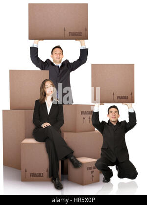 business woman with packed cardboard boxes and two men over a white background Stock Photo