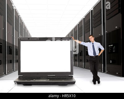 business servers made in 3d with their manager and a laptop in front - space on the laptop screen for you to put your message Stock Photo