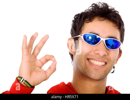 cool guy doing the ok sign with his hand - isolated over a white background Stock Photo